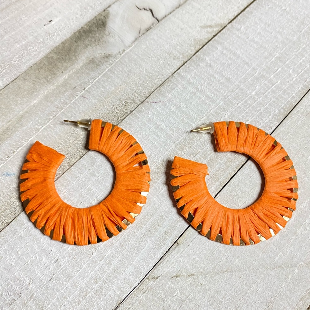Orange Raffia Light Weight Hoop Earrings